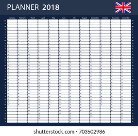 UK Planner blank for 2018. English Scheduler, agenda or diary template.