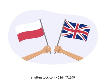 UK and Poland flags. Polish and British national symbols with abstract background and geometric shapes. Hand holding waving flag. Vector illustration.