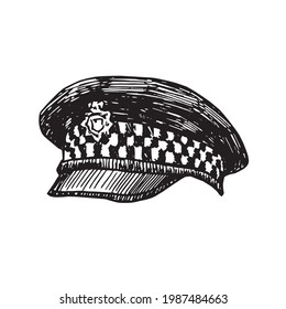 UK Police Hat  Gravure Style Ink Drawing Illustration Isolated On White Background