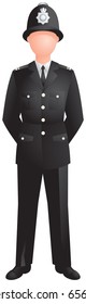 UK Policeman, London, Traditional English Bobby In Helmet And Black Uniform. Vector Image