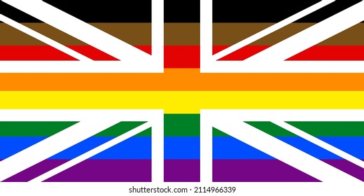 UK Pride Flag. Union Jack with Progress Pride Rainbow Flag Colours. Flag of United Kingdom with Rainbow Stripes
