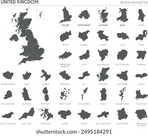 UK region silhouettes set and blank map of the country isolated on white background. Vector illustration design