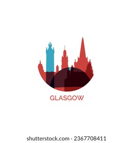 UK Scotland Glasgow cityscape skyline city panorama vector flat modern logo icon. United Kingdom West Central emblem idea with landmarks and building silhouettes