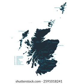 UK, Scotland map high detailed with administrative divide by state, capital cities names, outline simplicity style. Vector illustration EPS10.