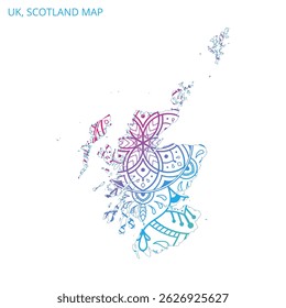 Reino Unido, Escócia Mapa Mandala com detalhes coloridos Textured Vetor Design Template em fundo branco.