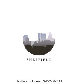 Uk Sheffield cityscape, gradient vector badge, flat skyline logo, icon. England, United Kingdom city round emblem idea with landmarks and building silhouettes. Isolated graphic