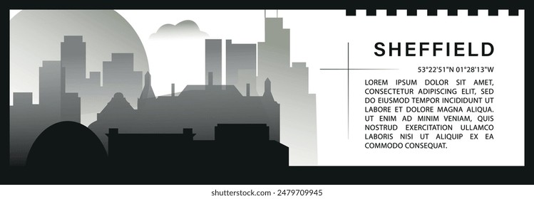 Reino Unido Sheffield skyline Anuncio de Vector, negro y blanco minimalista silueta de paisaje urbano. Gráfico Horizontal de la ciudad de Inglaterra del Reino Unido, infografía de viaje, diseño monocromo para el Sitio web