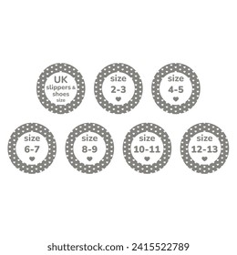 Ropa del Reino Unido y etiquetas vectoriales de tamaño de zapato. Juego de etiquetas de tamaños de zapatos.
