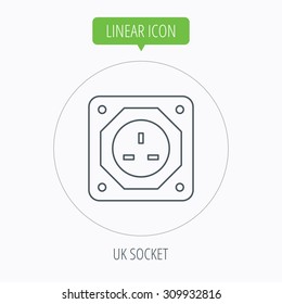 UK socket icon. Electricity power adapter sign. Linear outline circle button. Vector