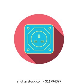 UK socket icon. Electricity power adapter sign. Red flat circle button. Linear icon with shadow. Vector