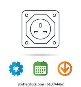 UK socket icon. Electricity power adapter sign. Calendar, cogwheel and download arrow signs. Colored flat web icons. Vector
