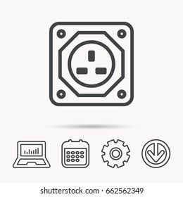 UK socket icon. Electricity power adapter sign. Notebook, Calendar and Cogwheel signs. Download arrow web icon. Vector