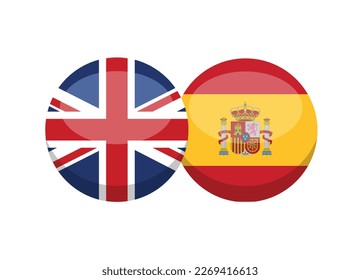 Bandera del Reino Unido y España aislada de fondo blanco. Concepto de conversación inglés-español. Aprende idiomas. Material vectorial