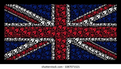 UK State Flag collage created of space ship pictograms on a dark background. Vector space ship elements are combined into conceptual UK flag pattern.