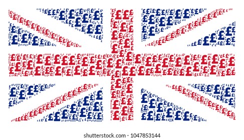 UK State Flag collage designed of pound sterling design elements. Vector pound sterling elements are organized into mosaic UK flag illustration.