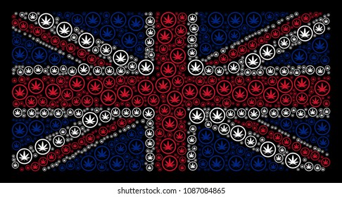 UK State Flag collage done of cannabis design elements on a dark background. Vector cannabis icons are organized into geometric United Kingdom flag illustration.