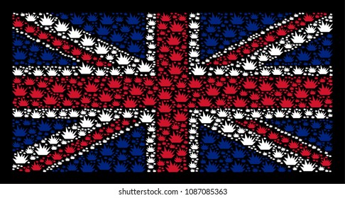 UK State Flag collage made of boom explosion elements on a dark background. Vector boom explosion icons are united into mosaic UK flag illustration.