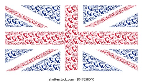 UK State Flag composition composed of falling airplane pictograms. Vector falling airplane pictograms are organized into conceptual United Kingdom flag collage.