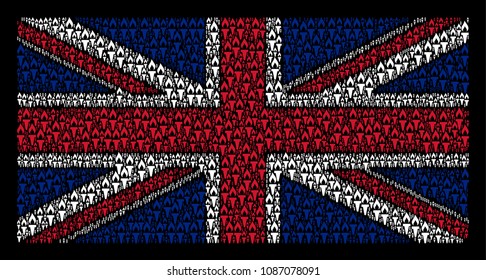 UK State Flag composition organized of fire torch pictograms on a dark background. Vector fire torch elements are combined into geometric Great Britain flag illustration.