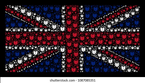 UK State Flag concept combined of bug pictograms on a dark background. Vector bug pictograms are formed into geometric Great Britain flag pattern.