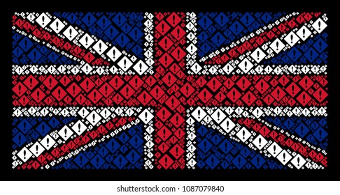 UK State Flag concept composed of error icons on a dark background. Vector error design elements are united into geometric Great Britain flag composition.