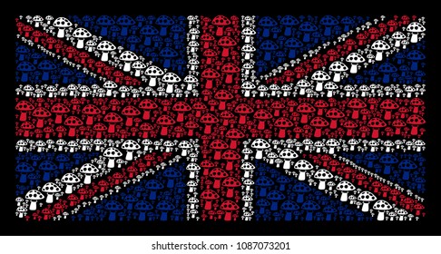 UK State Flag concept constructed of mushroom design elements on a dark background. Vector mushroom design elements are united into geometric United Kingdom flag composition.