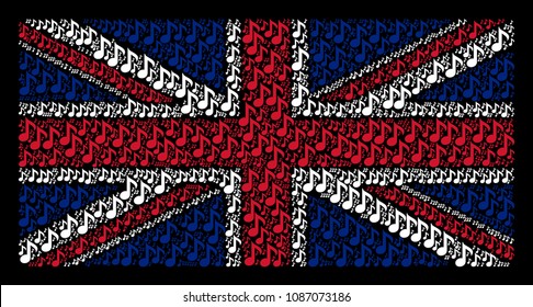UK State Flag concept created of musical note design elements on a dark background. Vector musical note elements are united into conceptual English flag collage.
