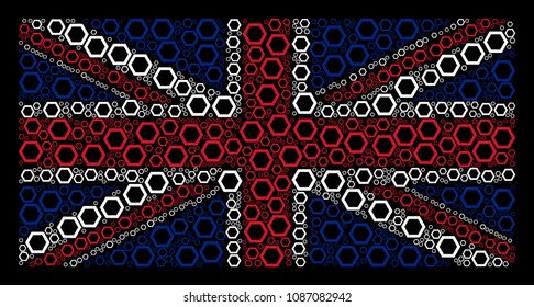 UK State Flag concept organized of contour hexagon pictograms on a dark background. Vector contour hexagon items are organized into conceptual UK flag pattern.