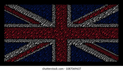 UK State Flag mosaic composed of syringe elements on a dark background. Vector syringe elements are combined into conceptual Great Britain flag illustration.