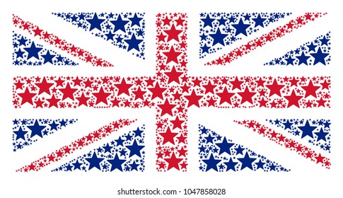 UK State Flag mosaic created of fireworks star icons. Vector fireworks star icons are organized into geometric English flag pattern.