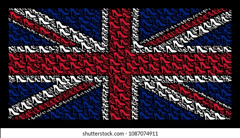 UK State Flag mosaic created of lady shoe design elements on a dark background. Vector lady shoe elements are combined into conceptual English flag illustration.