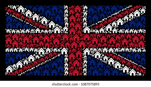UK State Flag mosaic created of home icons on a dark background. Vector home pictograms are united into mosaic British flag pattern.