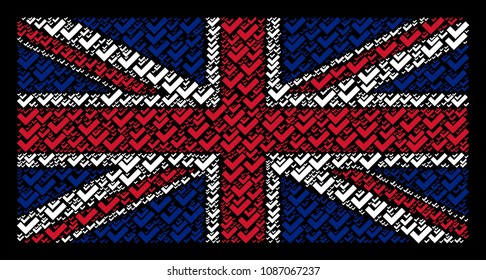 UK State Flag pattern made of yes elements on a dark background. Vector yes items are formed into conceptual English flag illustration.