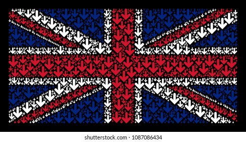UK State Flag pattern made of arrow down design elements on a dark background. Vector arrow down design elements are organized into mosaic United Kingdom flag composition.