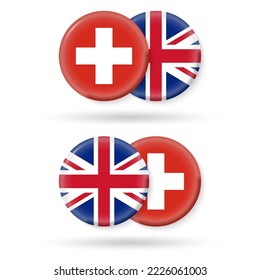 UK and Switzerland circle flags. 3d icon. Round British and Swiss national symbols. Vector illustration.