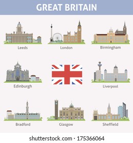 UK. Symbols of cities. Vector set