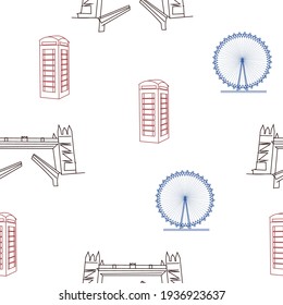UK symbols seamless pattern. Red telephone booth, bridge, Ferris wheel. Print for fabric, wrapping paper. Tourism, travel, vacation. Vector eps 10. Doodle on a white background.