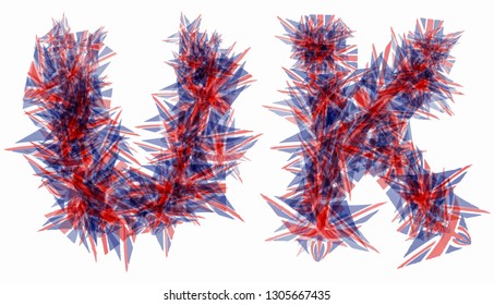 UK text with sharp bristle triangular Great Britain flags pattern isolated on white background, eps10 vector illustration.