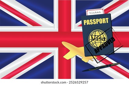 UK Travel Documentation Concept with blue Passport and United Kingdom Flag. Approved Stamp. Airplane and Travel Tickets. Ideal for Immigration Tourism and Traveling Themes. Vector EPS available