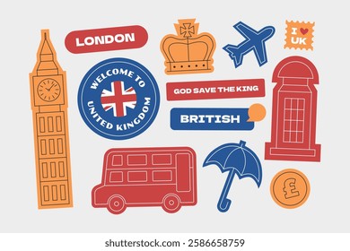 UK travel stickers elements collection in flat style