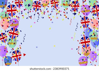 Globos de fondo de bandera de la bandera británica Jack confeti corona en la ceremonia del día de la coronación de la ilustración del vector del cielo 