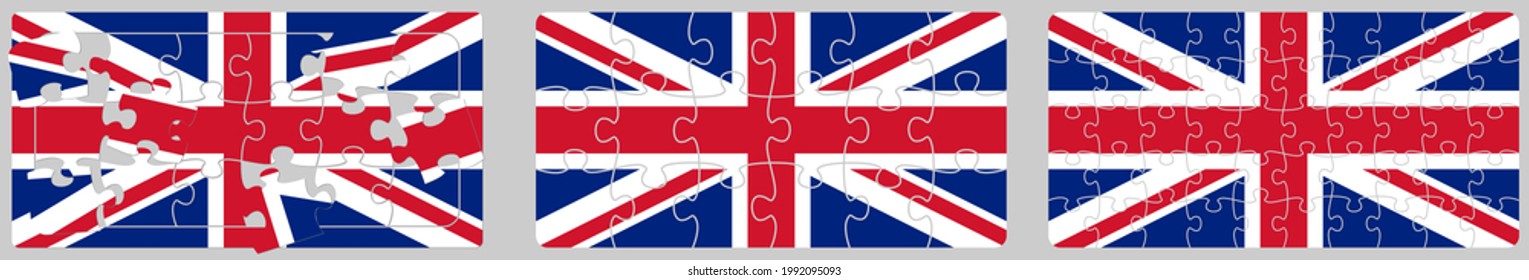 Bandera de Union Jack del Reino Unido hecha de piezas de rompecabezas, diferentes versiones