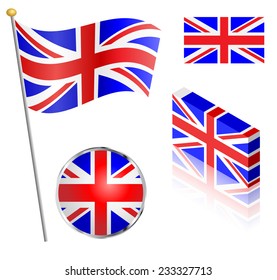 UK Union Jack Flag On A Pole, Badge And Isometric Designs Vector Illustration. 