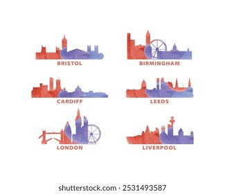 Logotipo del Vector del horizonte de las ciudades del Reino Unido, Reino Unido, conjunto de iconos. Gales, Yorkshire, Inglaterra, Bristol, Birmingham, Cardiff, Leeds, Londres silueta colección