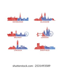 UK, United Kingdom cities skyline vector logo, icon set. Scotland, Northern Ireland, England, Edinburgh, Glasgow, Belfast, London, Lincoln, Sheffield silhouette collection