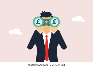 UK, United Kingdom economy forecast, financial or business visionary, England investment profit opportunity concept, businessman hiding behind large UK currency pound using binoculars to see future.