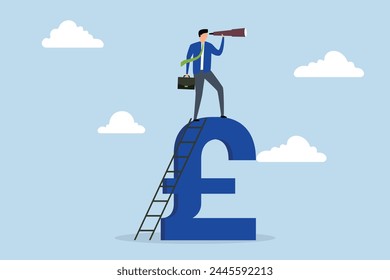 UK, United Kingdom economy investment opportunity, businessman manager look through telescope to see future vision.