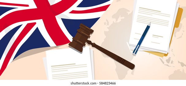 UK United Kingdom England Britain Law Constitution Legal Judgment Justice Legislation Trial Concept Using Flag Gavel Paper And Pen