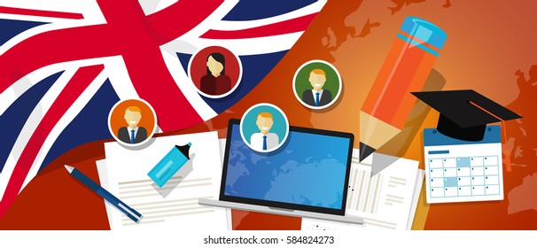 UK United Kingdom England Britain education school university concept with icon laptop paper pencil cap student vector