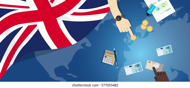 UK United Kingdom England economy fiscal money trade concept illustration of financial banking budget with flag map and currency